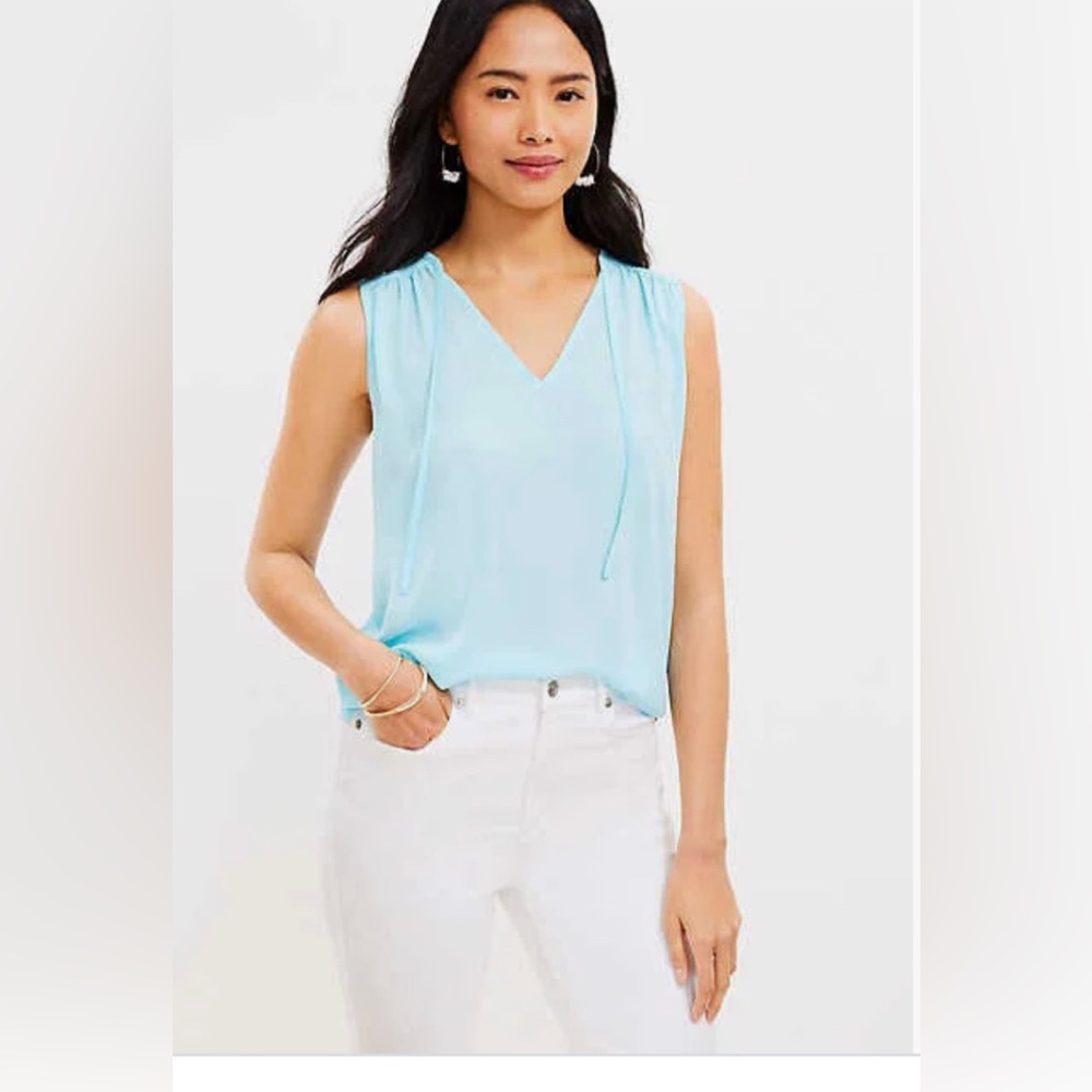 Women's Loft Tie Neck Mixed Media Shell Top Size Petite Medium New With Tags